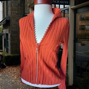 Y2K Ribbed Orange Zip up Sweater with rhinestone zipper detail ✨